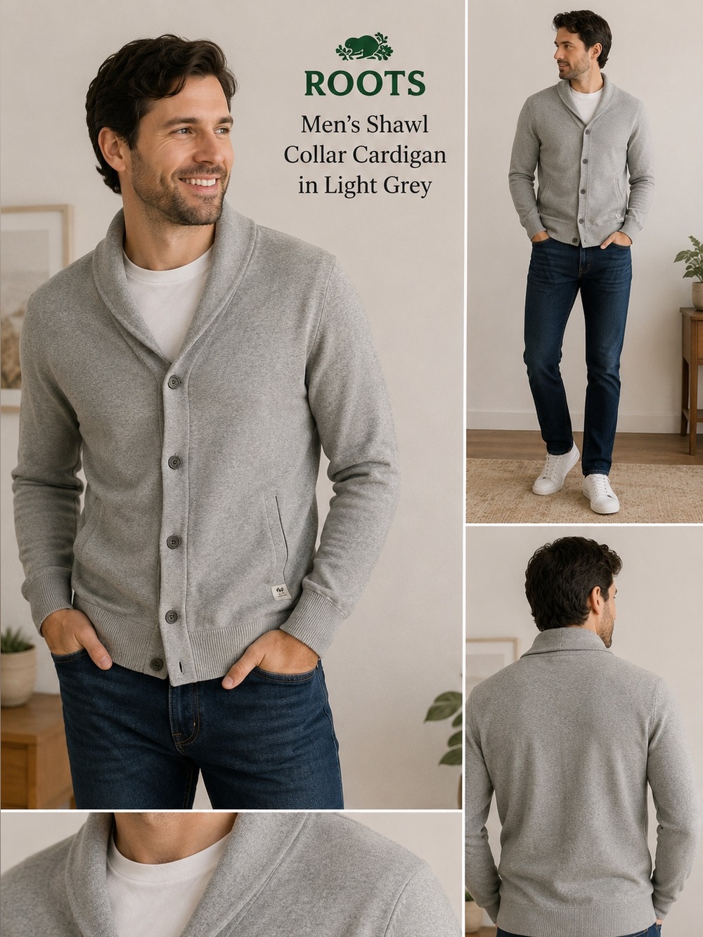 Roots Men’s Shawl Collar Cardigan in Light Grey